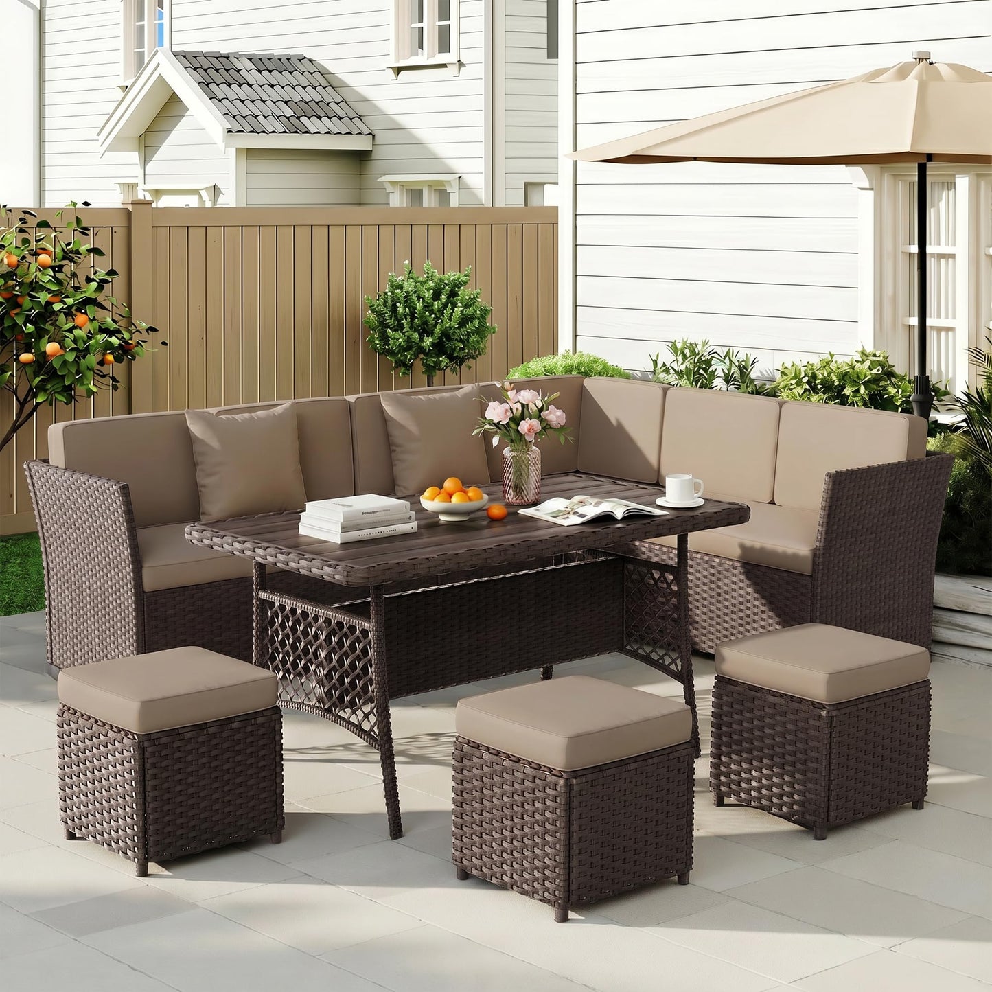LOUVIXA 7 Pieces Patio Furniture Set, Outdoor Patio Furniture, Wicker Conversation Set with Dining Table, Chairs and Ottoman (17 Modern Black)