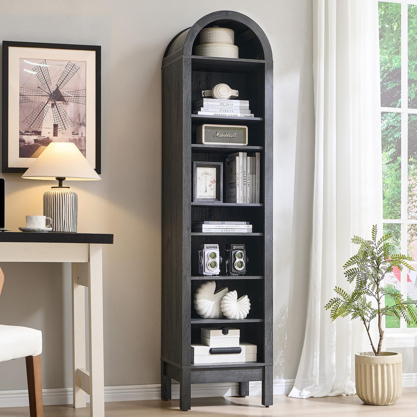 IFGET 71" Tall Arched Bookshelf, 7 Tiers Arch Bookcase with Storage, Modern Farmhouse Book Shelf with Adjustable Shelves, Wood Bookshelf w/Open Display Shelves for Living Room, Office (Brown)