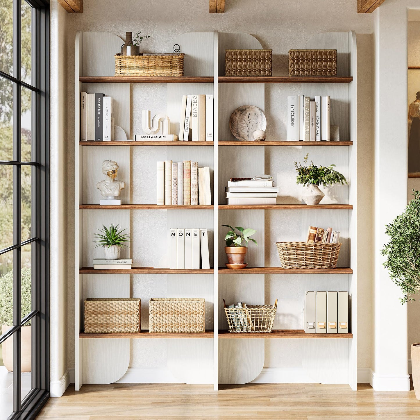 Tribesigns 70.87" Tall Farmhouse Bookshelf, 5-Tier Double Wide Bookcase with Open Shelves, Vintage Bookshelf for Living Room, Office, Study Room, Bedroom（Brown）