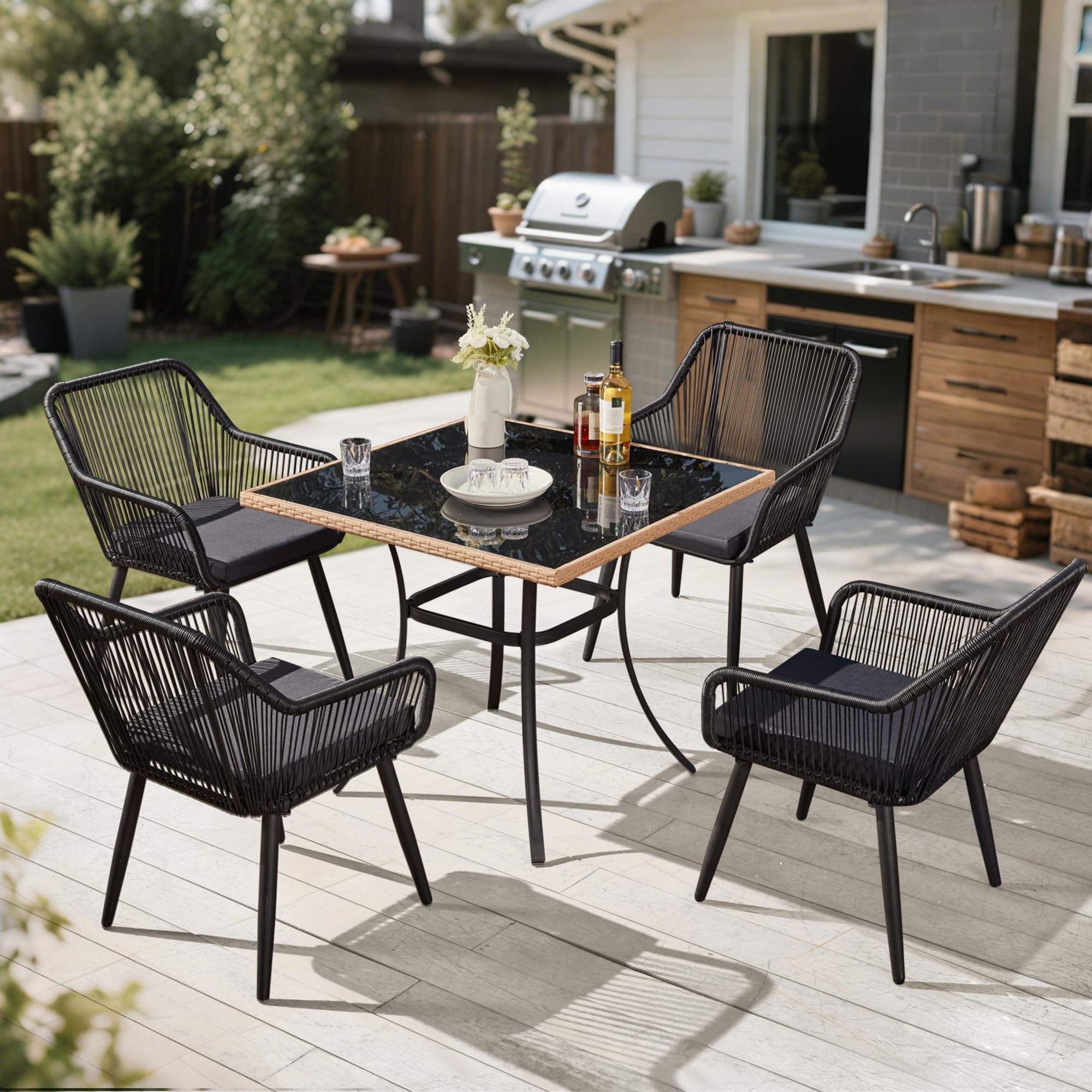 5-Piece Grey Black Wicker Outdoor Dining Set with Glass Table & Waterproof Cushions