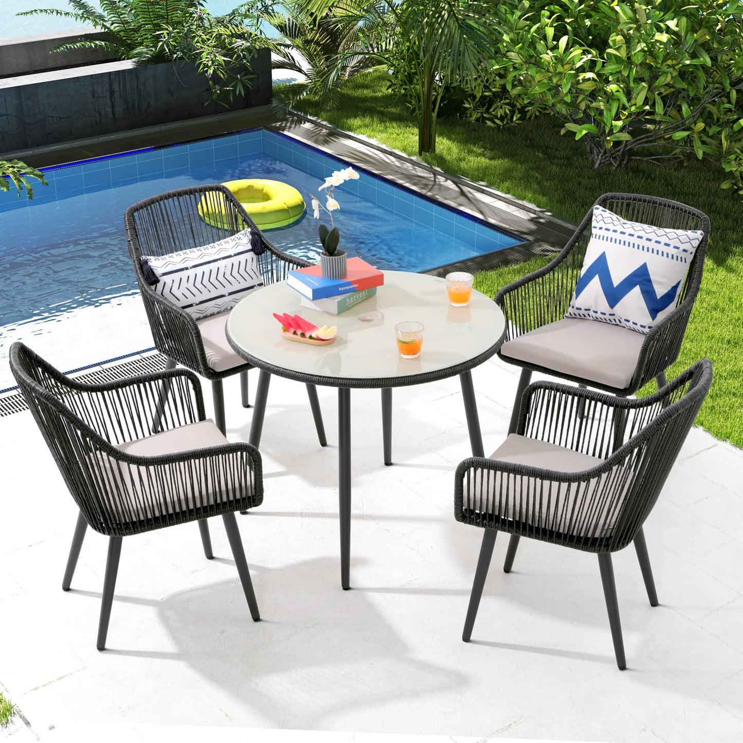 Patiorama 5-Piece Patio Dining Set, Outdoor Dining Table Chair Set, All-Weather Twisted Rattan Wicker Rope Conversation Set, Patio Furniture Set w/Umbrella Hole, 4 Cushioned Chairs&Glass Table(Tan)