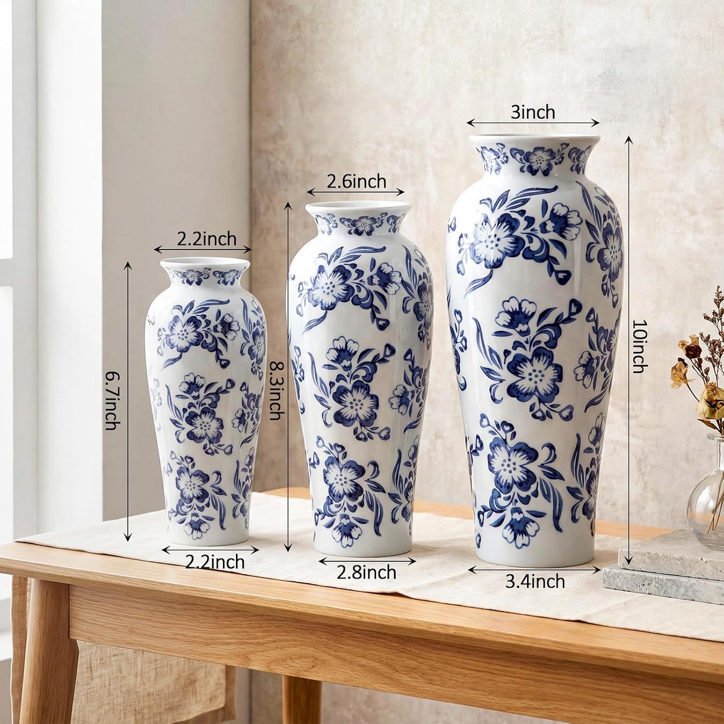 LemonRoad 3 Pack Chinoiserie Vases Porcelain Blue and White Vases for Flowers Pottery Chinoiserie Ceramic Vase for Living Room Mother's Day Decor Table Centerpiece, 6.7", 8.3", 10"(Lotus)