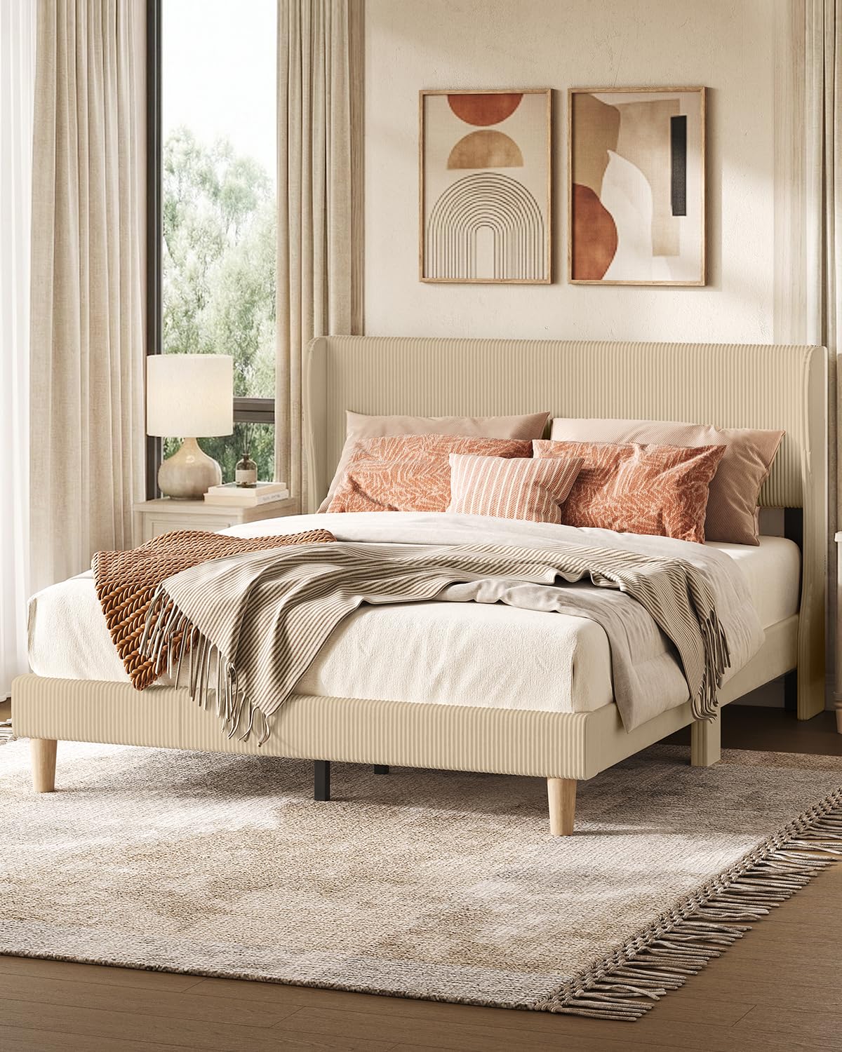 Bestier Queen Bed Frame with Headboard,Platform Queen Size Bed Frame with LED Lighting,Bed Frame Wooden Slats Support,No Box Spring Needed,Never Squeaks, Easy Assembly,Beige