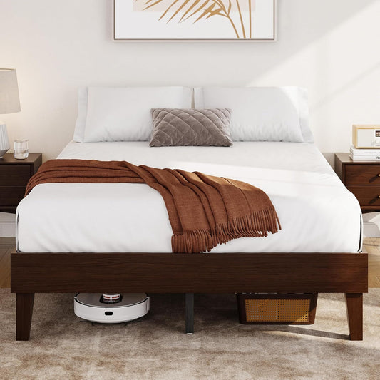 Yaheetech Full Bed Frame Natural Solid Wood Platform Bed with Wooden Slats Support, 12-inch Underbed Space for Storage, Noise-Free Design, Easy Assembly, Dark Walnut Finish