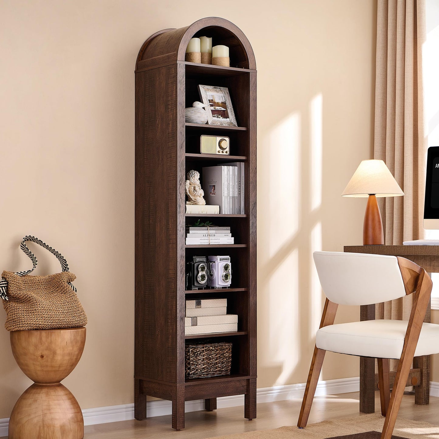 IFGET 71" Tall Arched Bookshelf, 7 Tiers Arch Bookcase with Storage, Modern Farmhouse Book Shelf with Adjustable Shelves, Wood Bookshelf w/Open Display Shelves for Living Room, Office (Brown)
