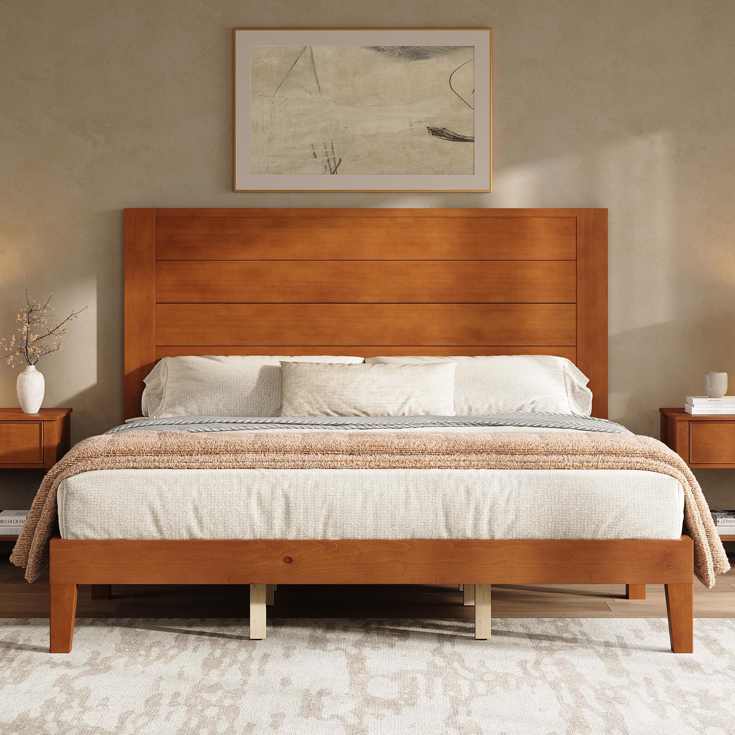 AMERLIFE Queen Size Bed Frame with 48" Tall Headboard, Mid Century Modern Solid Wood Platform Bed with Silent Wood Slat System, No Box Spring Needed, Under-Bed Storage, Dark Walnut