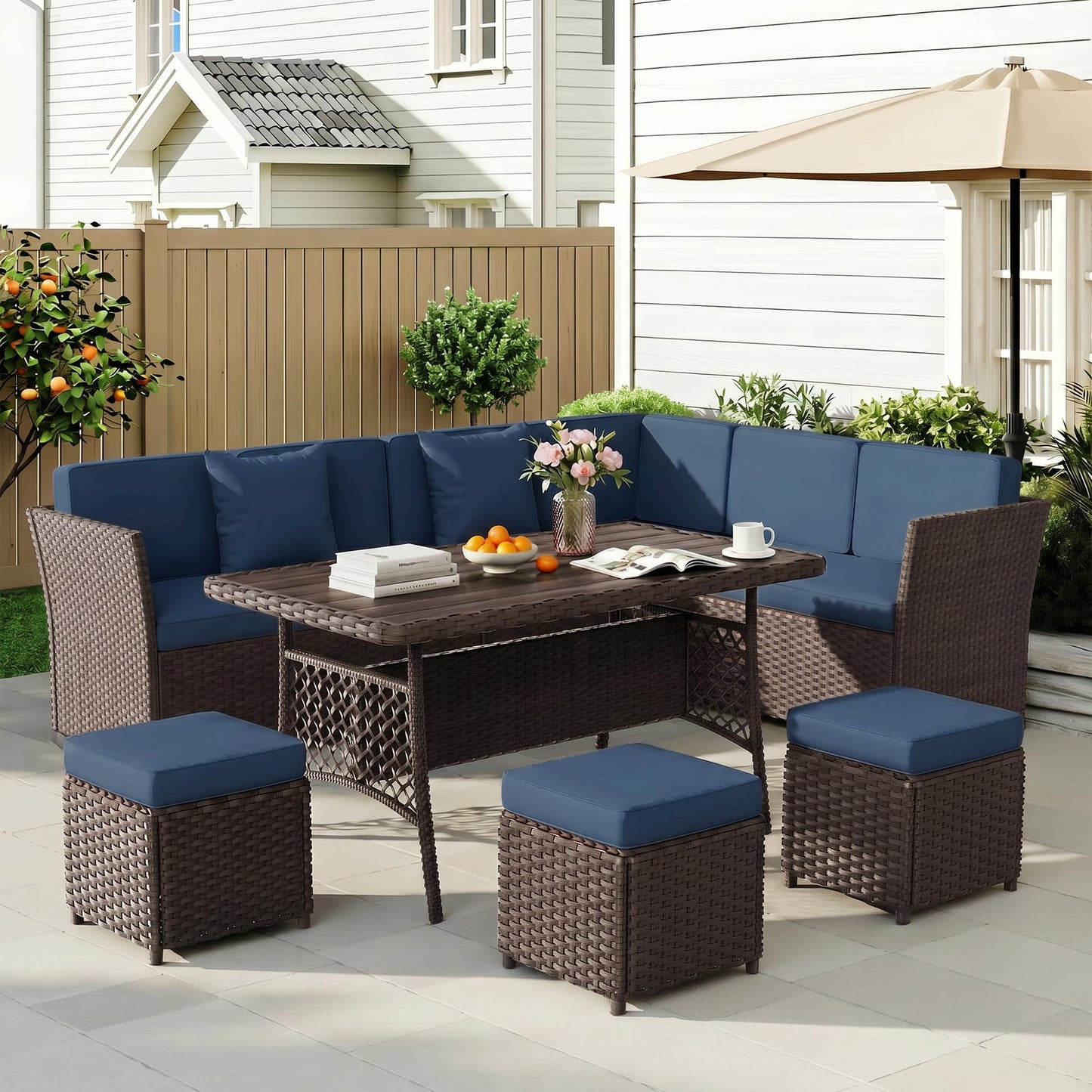 LOUVIXA 7 Pieces Patio Furniture Set, Outdoor Patio Furniture, Wicker Conversation Set with Dining Table, Chairs and Ottoman (17 Modern Black)