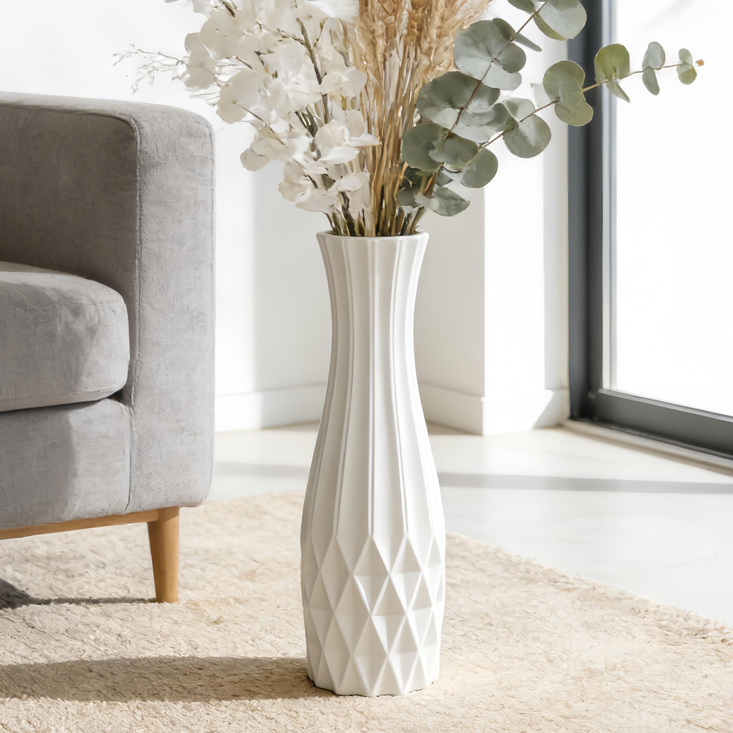24" Tall Ceramic Floor Vase, GDSZJLJ White Large Decorative Vases for Modern Home Decor, Living Room, Minimalist Style Big Flower Vase for Pampas Grass, Flowers, Twigs, Office, Bedroom Décor