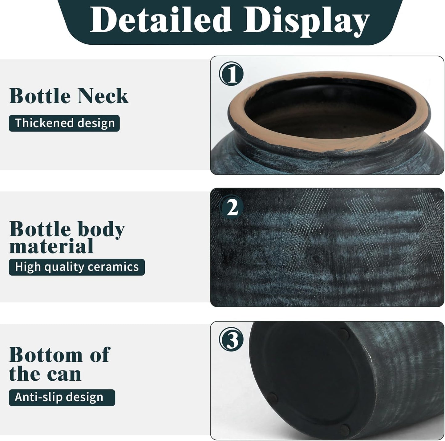 Rustic Ceramic Flower Vase,14.17Inch Indigo Artisan Handcrafted Tall Ceramic Vase Farmhouse Rustic Vase Tall vases for Decor Living Room Home Decor