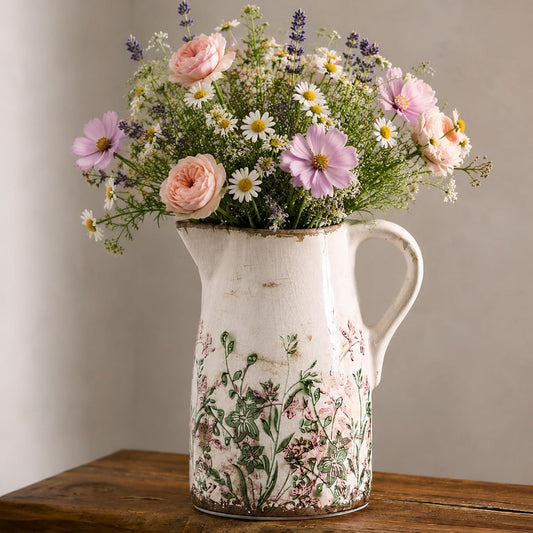 Vintage Pink & Green Floral Ceramic Pitcher Vase with Handle, Farmhouse French Country Vase, Rustic Table Centerpiece, Grandmillennial Tuscan Decor
