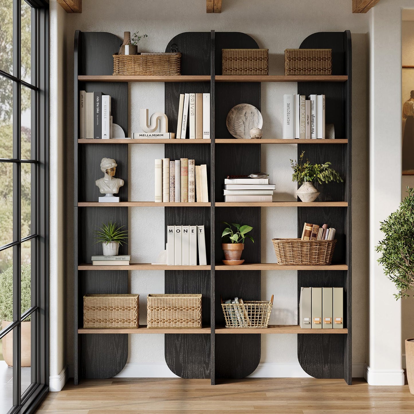 Tribesigns 70.87" Tall Farmhouse Bookshelf, 5-Tier Double Wide Bookcase with Open Shelves, Vintage Bookshelf for Living Room, Office, Study Room, Bedroom（Brown）