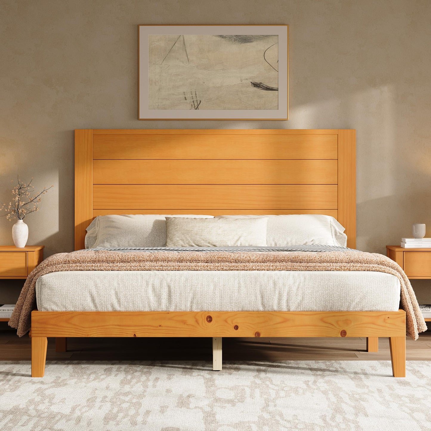 AMERLIFE Queen Size Bed Frame with 48" Tall Headboard, Mid Century Modern Solid Wood Platform Bed with Silent Wood Slat System, No Box Spring Needed, Under-Bed Storage, Dark Walnut
