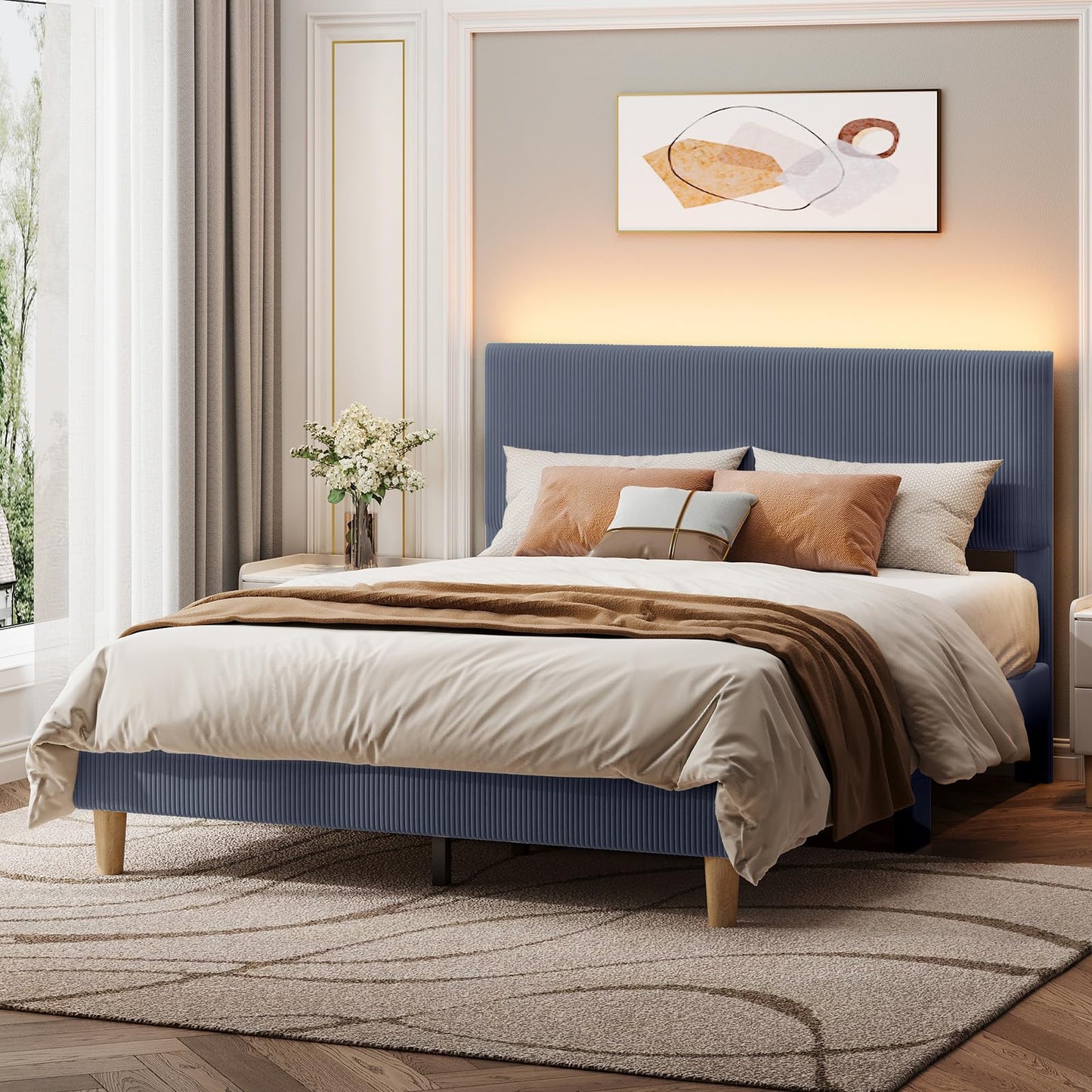 Bestier Queen Bed Frame with Headboard,Platform Queen Size Bed Frame with LED Lighting,Bed Frame Wooden Slats Support,No Box Spring Needed,Never Squeaks, Easy Assembly,Beige