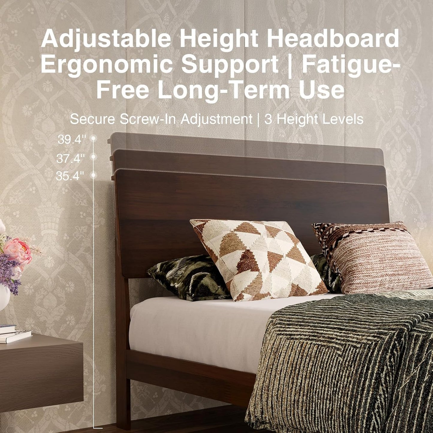 Novilla Full Size Bed Frame with 3-Level Adjustable Storage Headboard, Solid Wood Platform Bed Frame with Slats, No Box Spring Needed, Noise Free, Walnut Finish for Master Bedroom and Guest Room