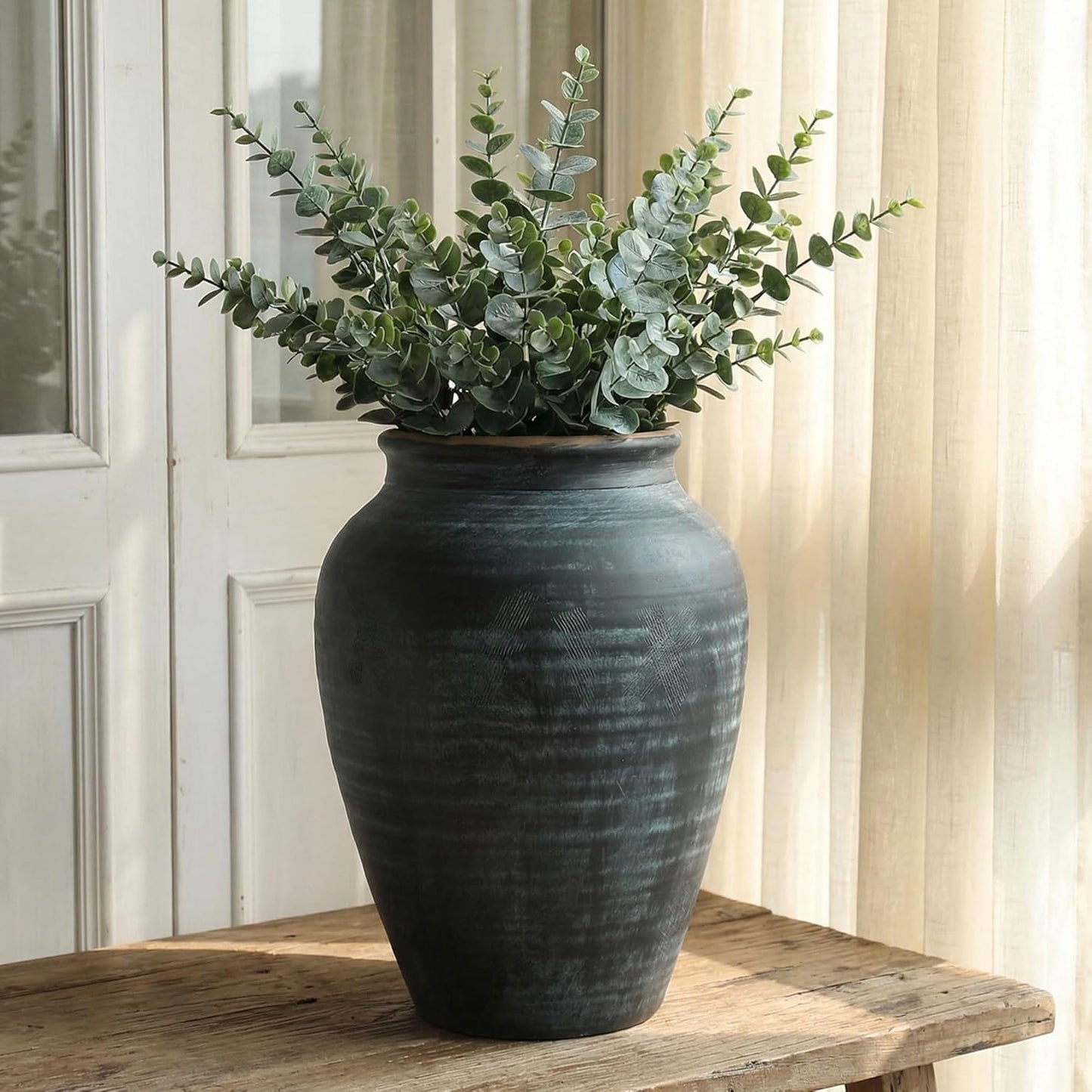 Rustic Ceramic Flower Vase,14.17Inch Indigo Artisan Handcrafted Tall Ceramic Vase Farmhouse Rustic Vase Tall vases for Decor Living Room Home Decor