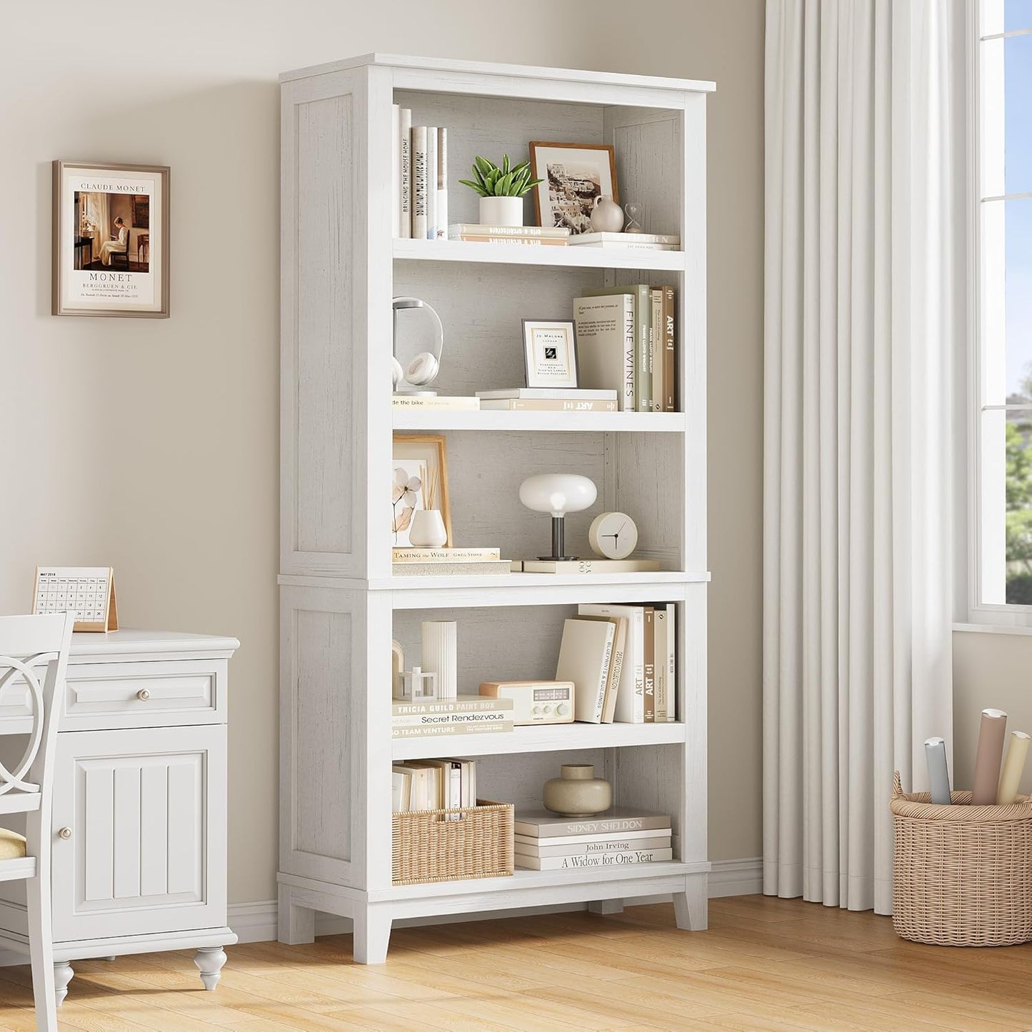 IDEALHOUSE 71" Farmhouse Bookshelf w/Adjustable Shelves & 31.5 in Whidth, 5 Tier Tall Bookshelf with Wooden Legs, Vintage Wooedn Book Shelf for Living Room Office (White, 71.3" H x 31.5" W x 11.8" D)