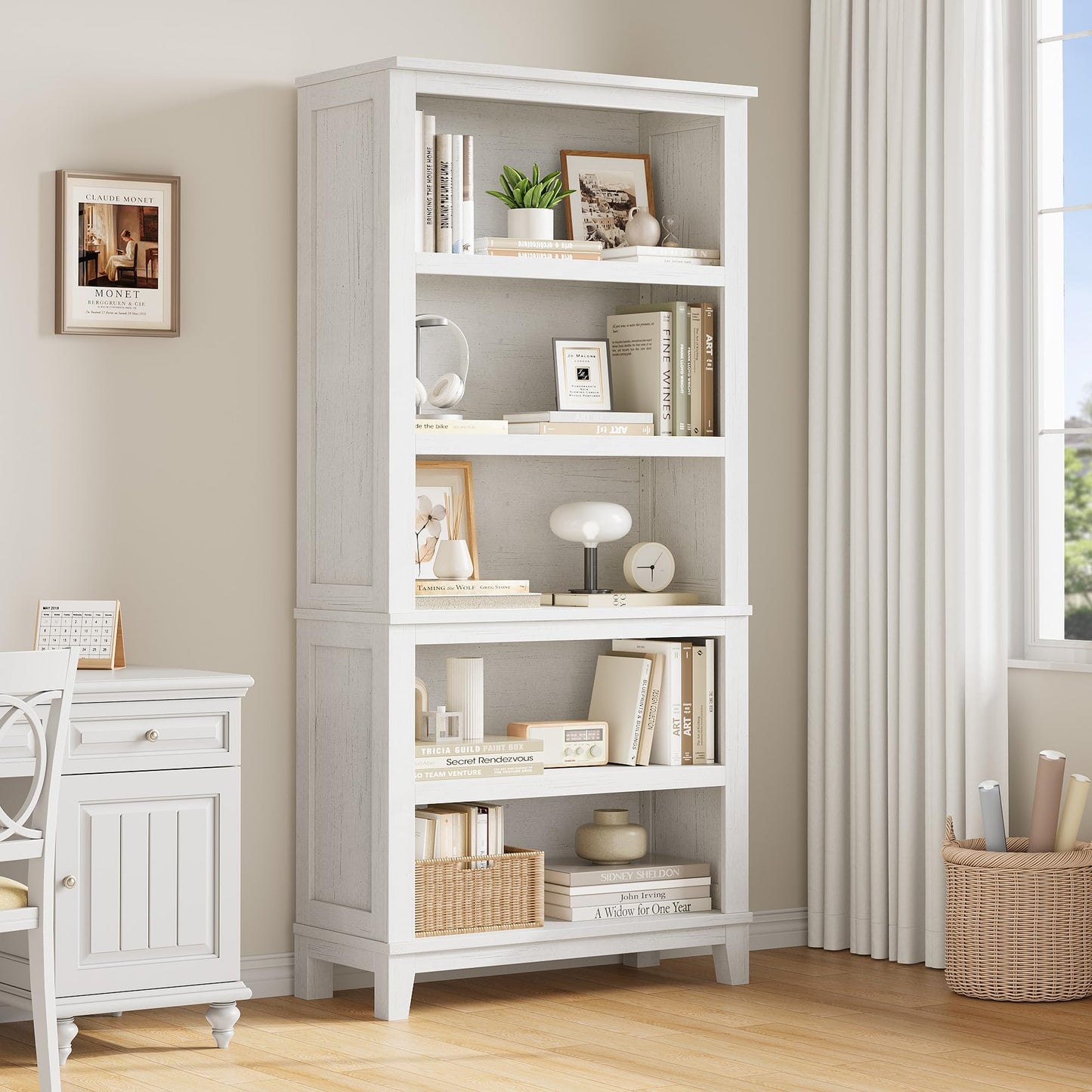 IDEALHOUSE 71" Farmhouse Bookshelf w/Adjustable Shelves & 31.5 in Whidth, 5 Tier Tall Bookshelf with Wooden Legs, Vintage Wooedn Book Shelf for Living Room Office (White, 71.3" H x 31.5" W x 11.8" D)