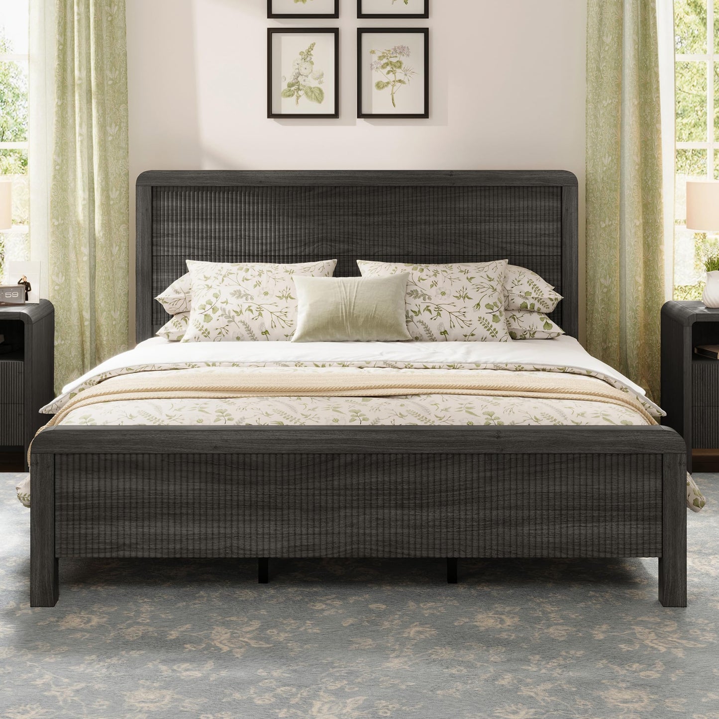 Walnut Fluted Queen Wood Bed Frame with Headboard Footboard & Safe Round Edges