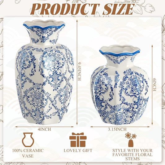 2 Pcs Blue and White Vintage Vase Chinoiserie Floral Vase 9.5'', 6'' Rustic Ceramic Vases for Home Decors, Living Room, Bookshelf, Office, Grand Millennial Decor, Chinoiserie Decors