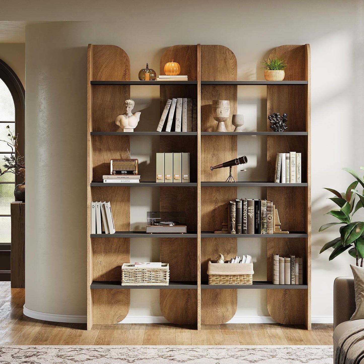 Tribesigns 70.87" Tall Farmhouse Bookshelf, 5-Tier Double Wide Bookcase with Open Shelves, Vintage Bookshelf for Living Room, Office, Study Room, Bedroom（Brown）
