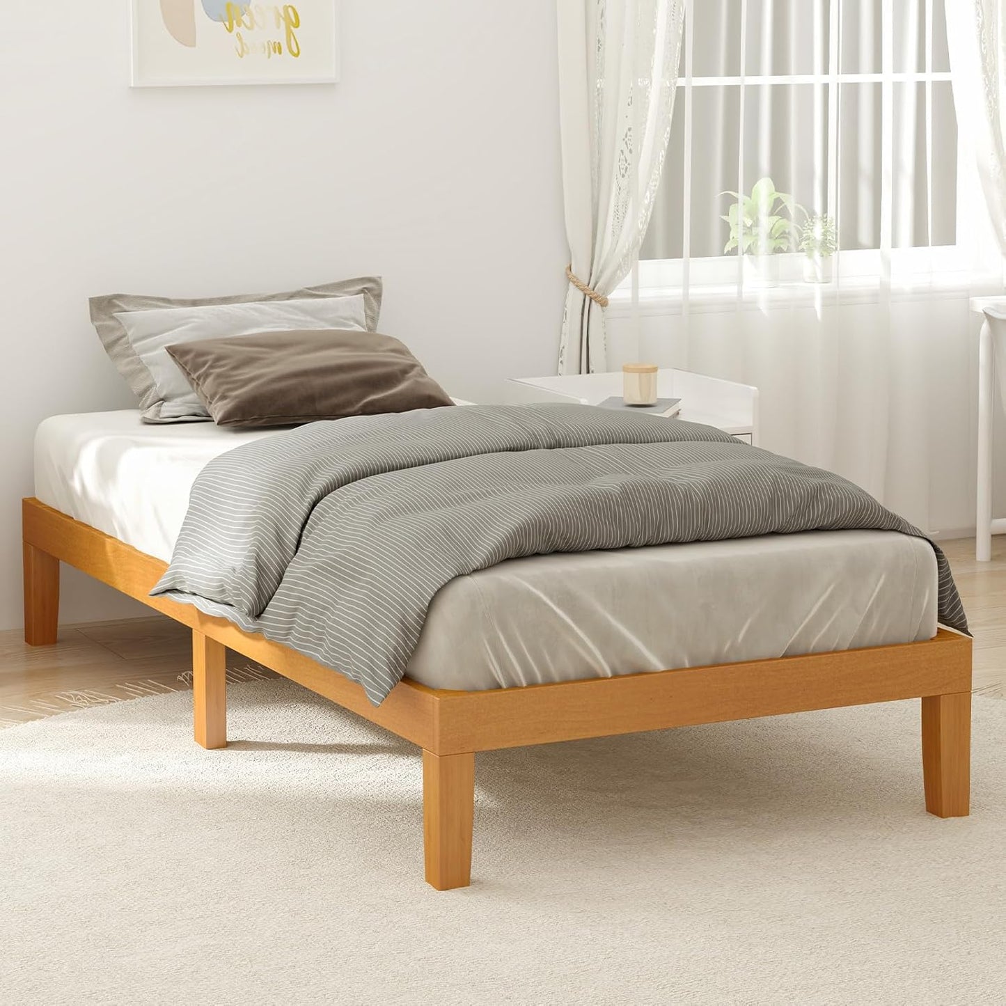 DUMOS Twin Bed Frame, Solid Wooden Bed Base with Wood Slat Support, Sturdy, Stylish & Noise-Free Design, No Box Spring Needed, Easy Assembly, 12 in Natural Pine