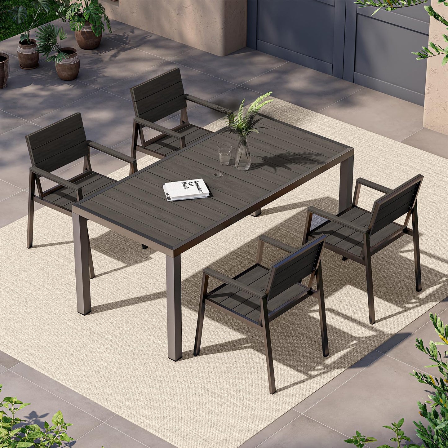 Vexwalx 7-Piece Outdoor Dining Set, Aluminum Dining Table Set for 6, Patio Table and Chairs Set with Umbrella Hole, All Weather HDPS Outdoor Table and Chairs for 6 (Gray-Teak)