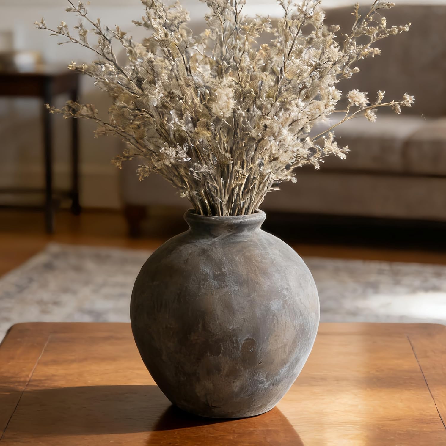 7.87 Inch Farmhouse Decor Ceramic Rustic Vase, Handmade Brown Pottery Flower Vase for Home Decor, Vintage Centerpiece Vase for Living Room & Kitchen, Ceramic Flower Vase for Table Decoration