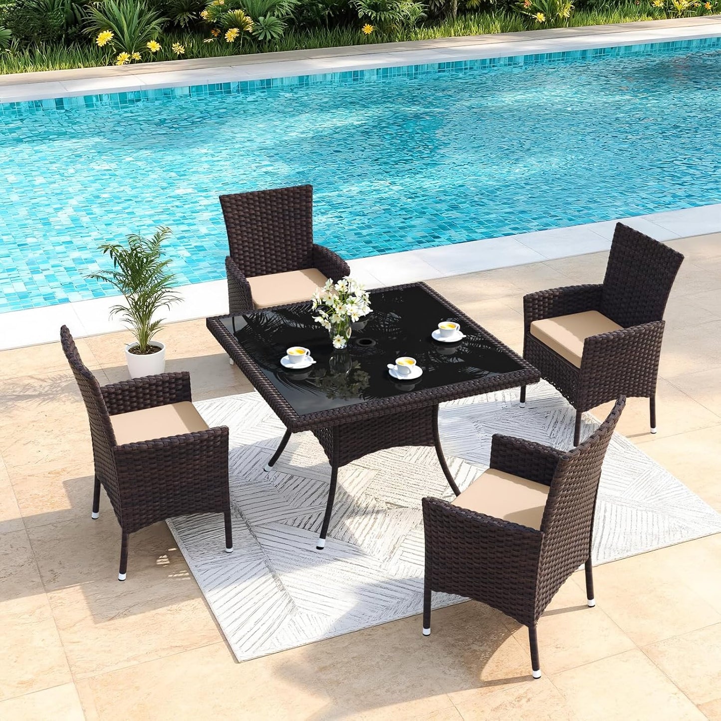 Gotland 5 Piece Outdoor Dining Set, All-Weather Rattan Patio Furniture Set with Umbrella Hole Tempered Glass Square Table, Outdoor Table and Chairs with Removable Cushions for Backyard, Deck, Sand