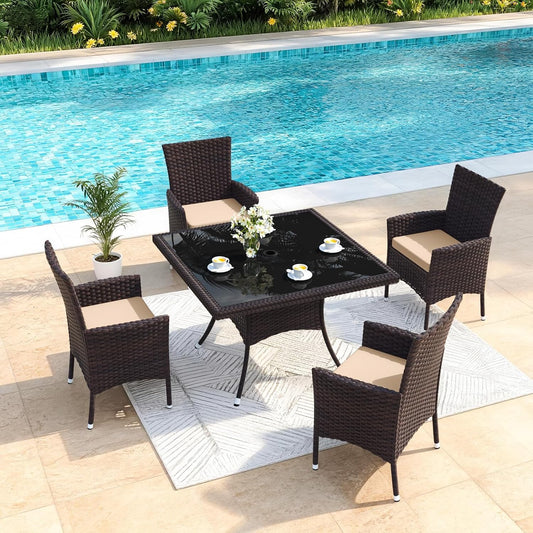 Gotland 5 Piece Outdoor Dining Set, All-Weather Rattan Patio Furniture Set with Umbrella Hole Tempered Glass Square Table, Outdoor Table and Chairs with Removable Cushions for Backyard, Deck, Sand