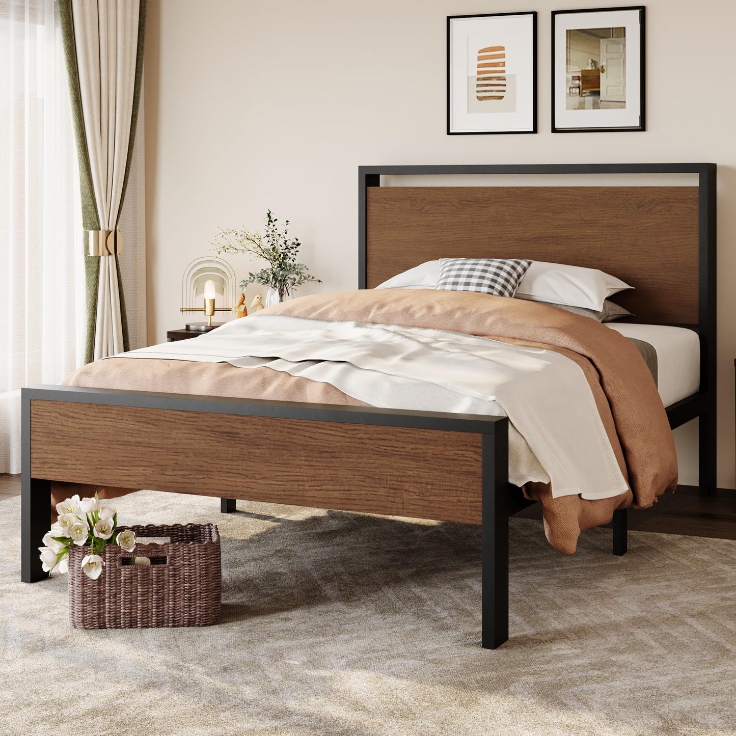 SHA CERLIN 14 Inch Queen Size Metal Platform Bed Frame with Wooden Headboard and Footboard, Mattress Foundation, No Box Spring Needed, Large Under Bed Storage, Non-Slip Without Noise, Mahogany