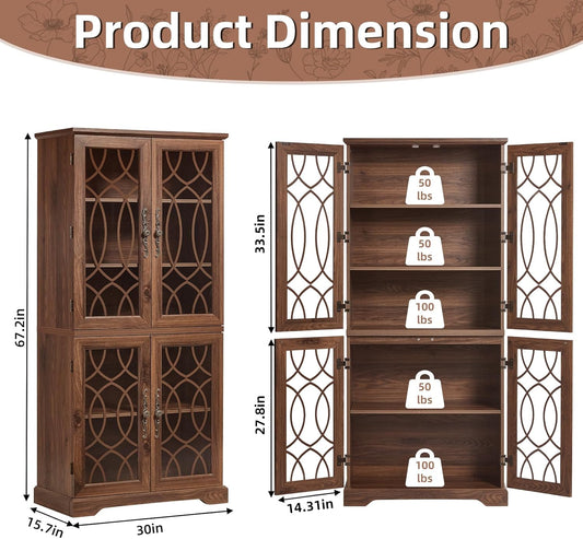 Joaxswe 67" Tall Bookshelf, Rustic Book Shelf w/Vintage Pattern Tempered Glass Doors, 5-Tier Wood Bookcase with Adjustable Storage Shelves, Retro Curio Display Cabinet for Living Room, Brown