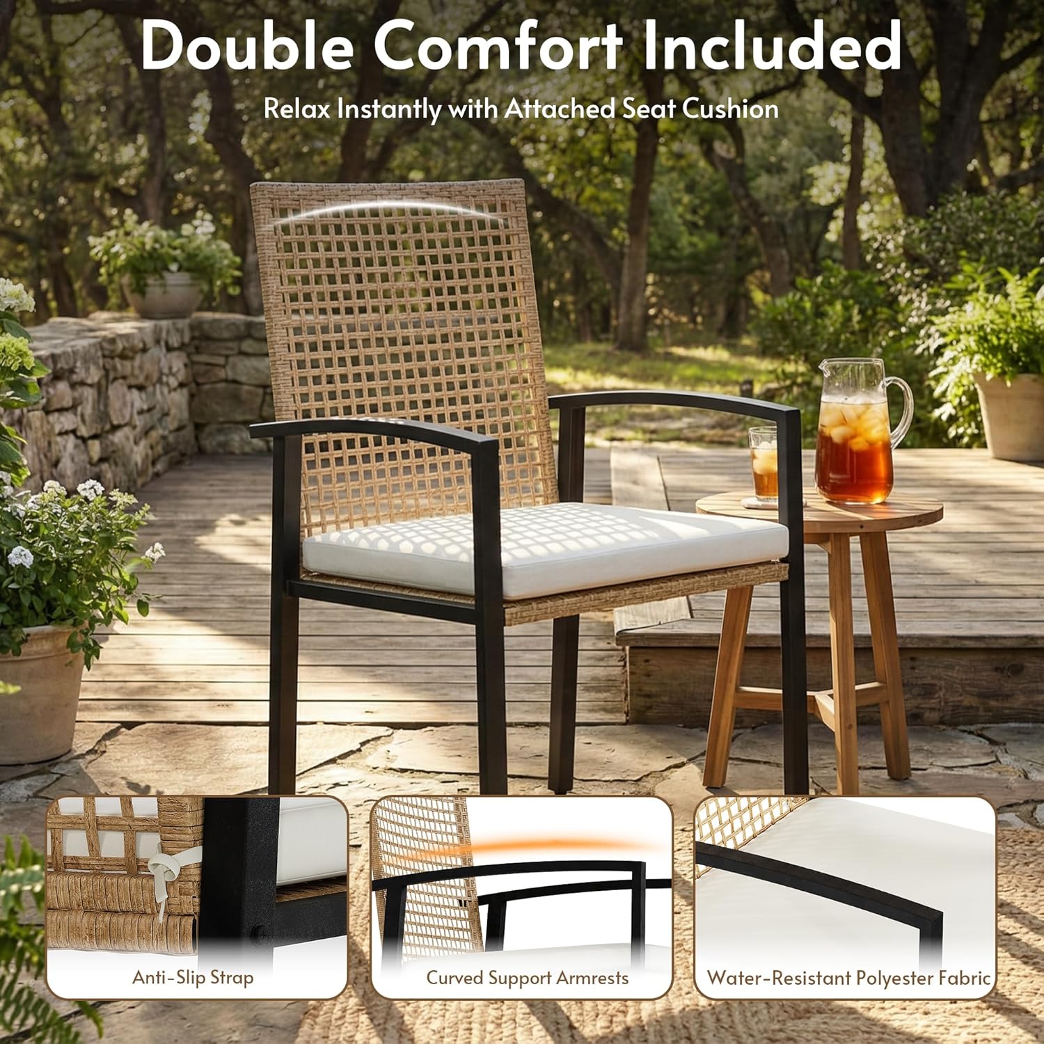 7-Piece 6-Seater Wicker Patio Dining Set with Aluminum Woodgrain Table & Cushioned Chairs