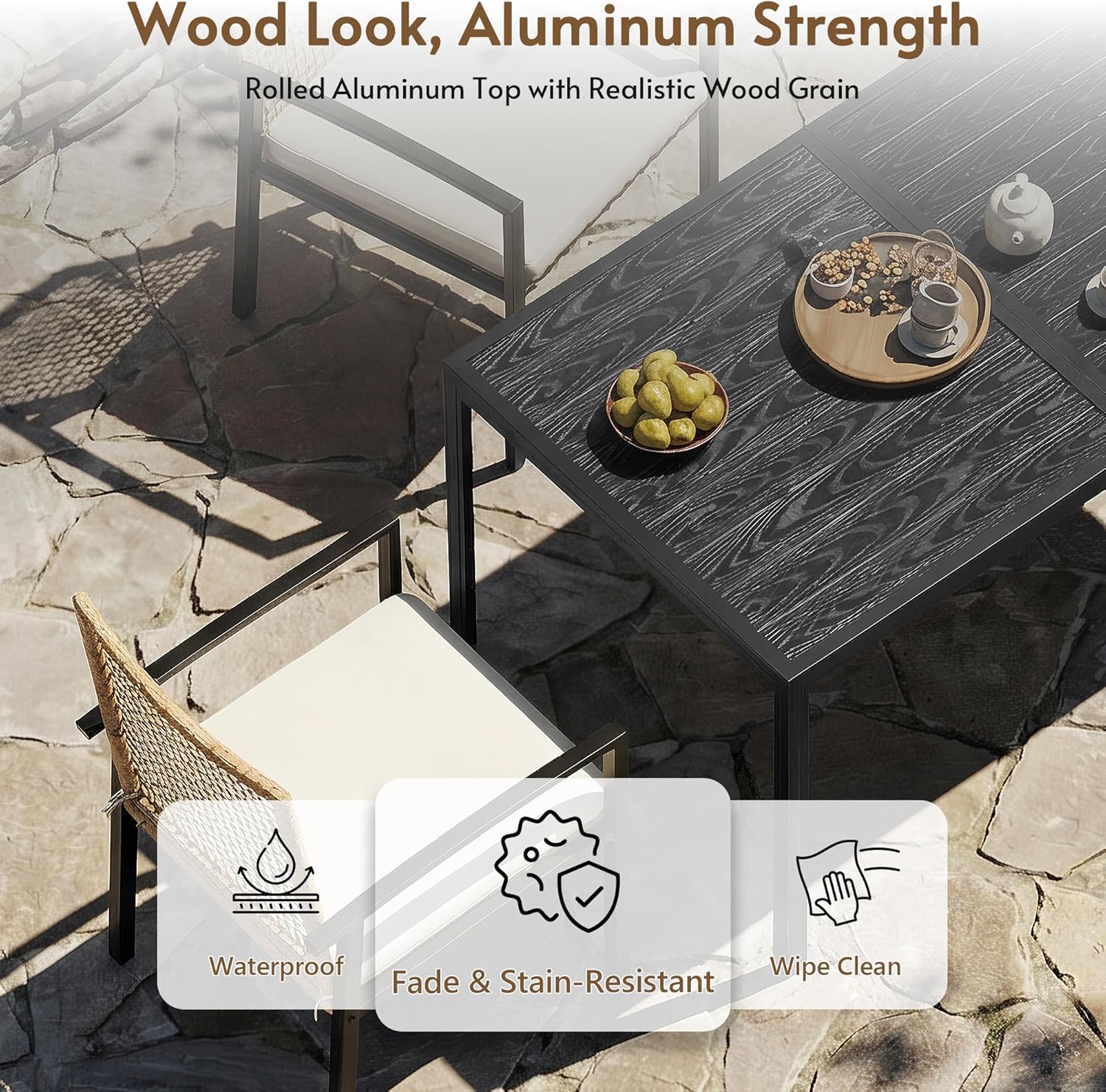 7-Piece 6-Seater Wicker Patio Dining Set with Aluminum Woodgrain Table & Cushioned Chairs