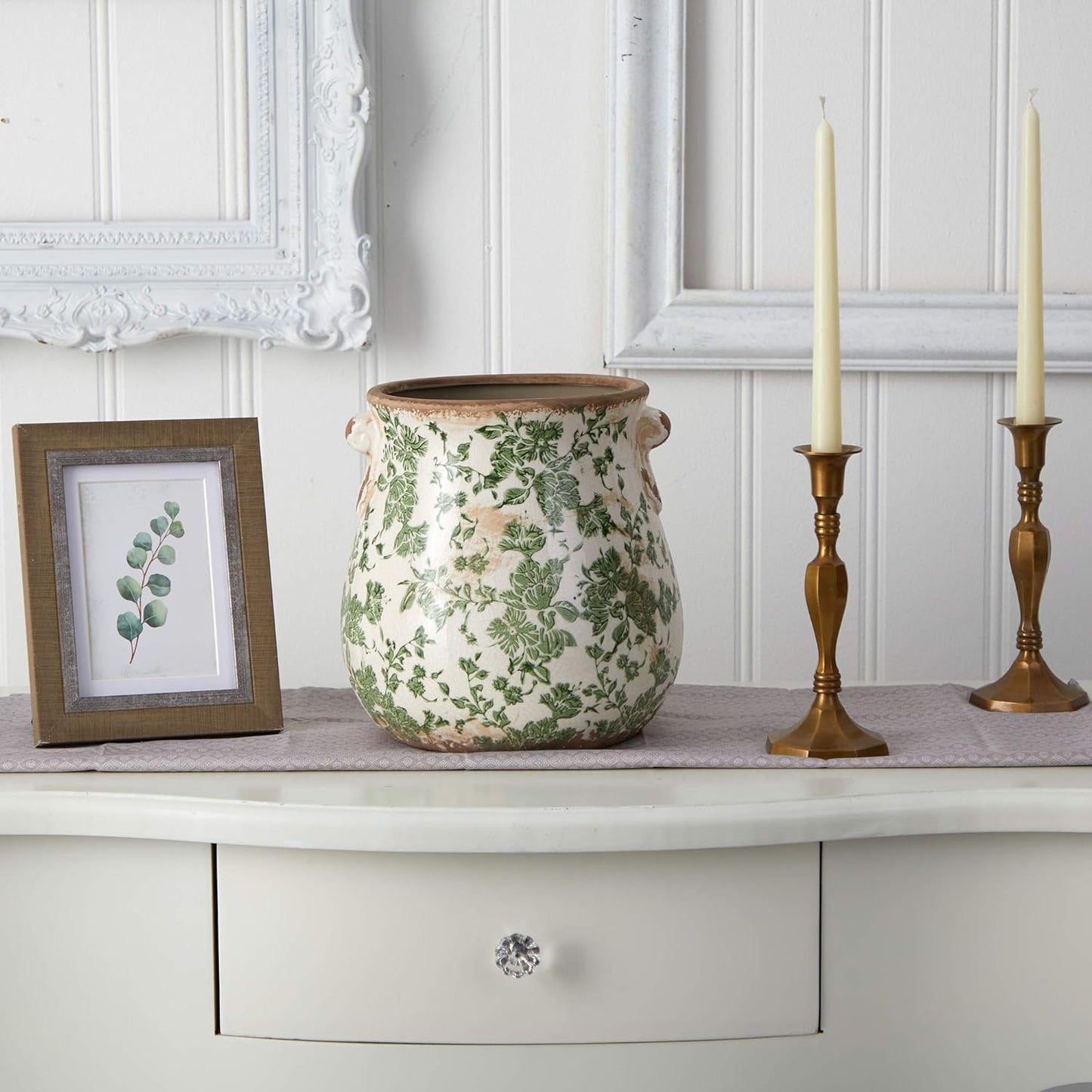 Nearly Natural 10in Ceramic Decorative Vase, Tuscan Style Green Scroll Design for Indoor Home Shelf Table Decor
