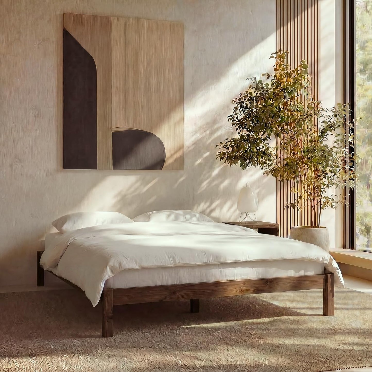 Queen Cherry Wood Platform Bed with Headboard & Under Bed Storage