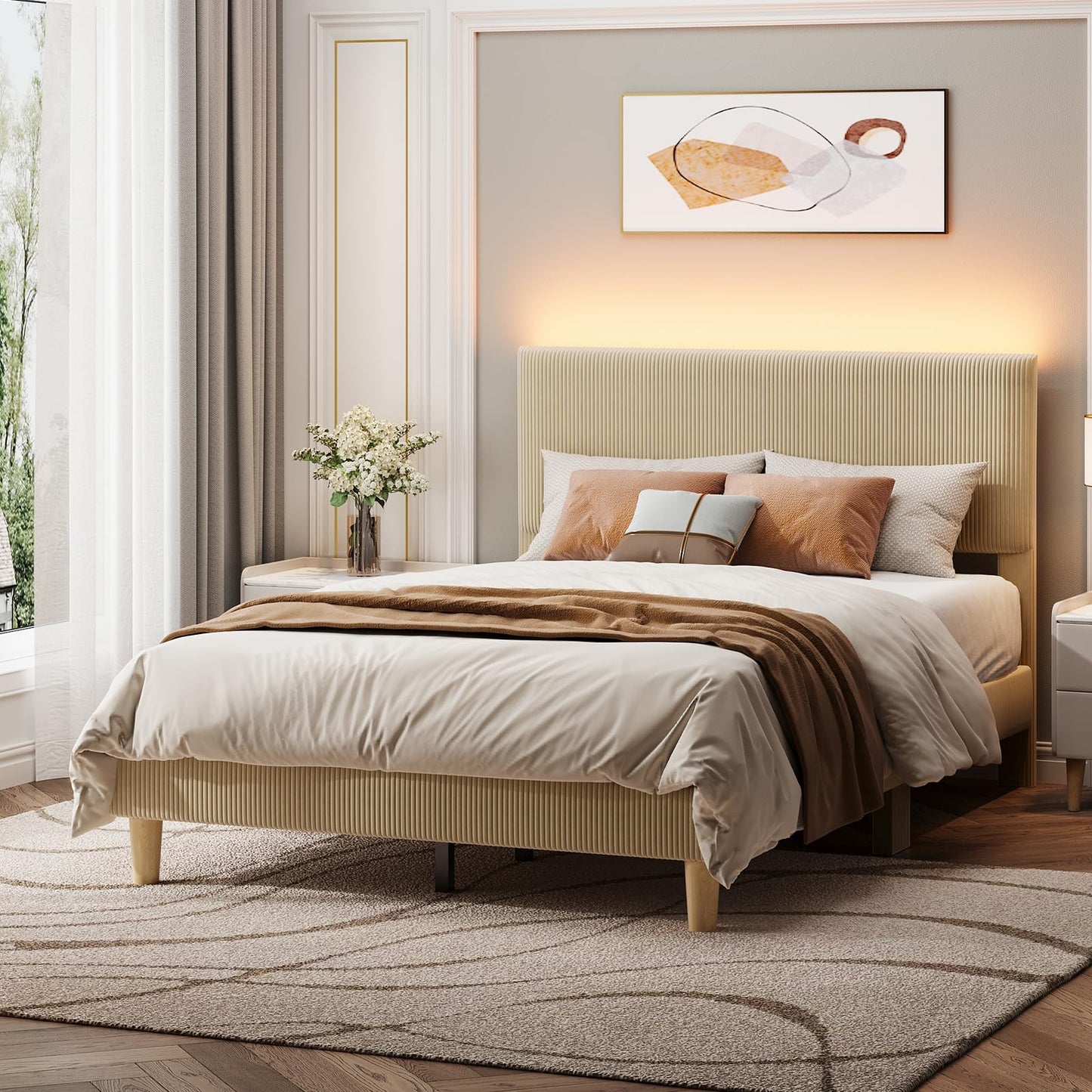 Bestier Queen Bed Frame with Headboard,Platform Queen Size Bed Frame with LED Lighting,Bed Frame Wooden Slats Support,No Box Spring Needed,Never Squeaks, Easy Assembly,Beige