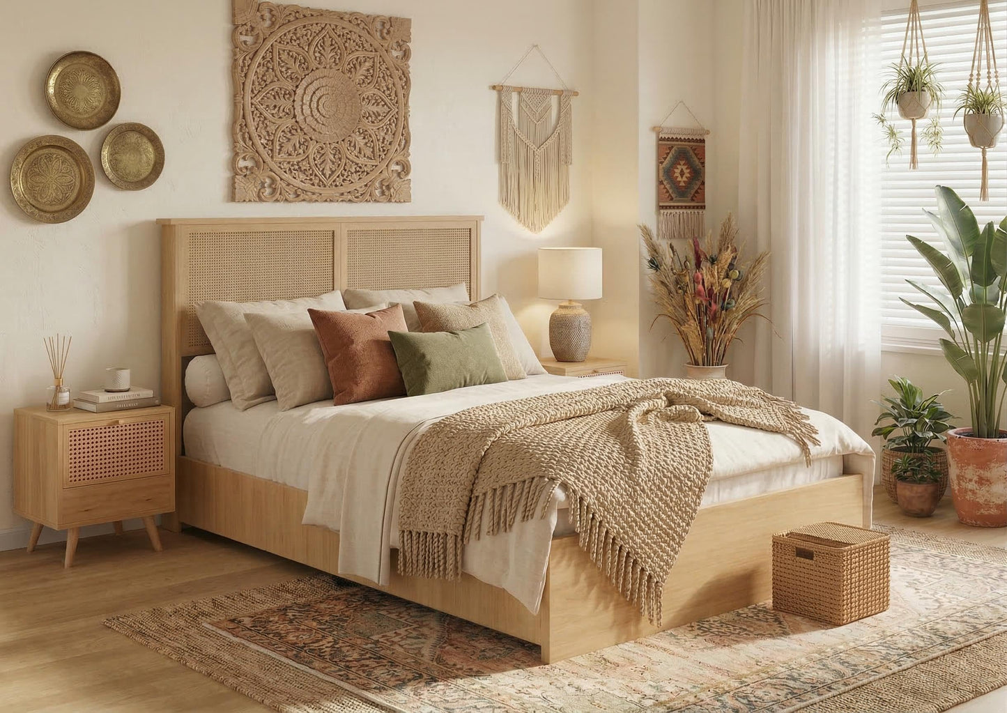 Garvee Queen Size Rattan Bed Frame, Bohemian Queen Rattan Bed Frame with Natural Headboard, Platform Queen Size Bed with Wooden Legs, LED Lights, No Box Spring Needed