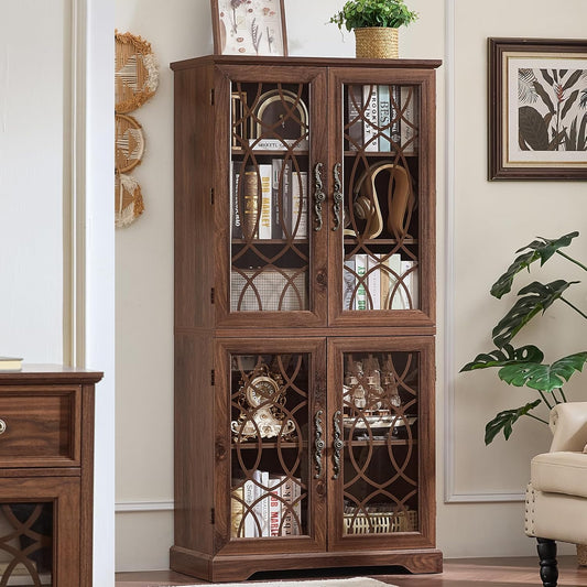 Joaxswe 67" Tall Bookshelf, Rustic Book Shelf w/Vintage Pattern Tempered Glass Doors, 5-Tier Wood Bookcase with Adjustable Storage Shelves, Retro Curio Display Cabinet for Living Room, Brown