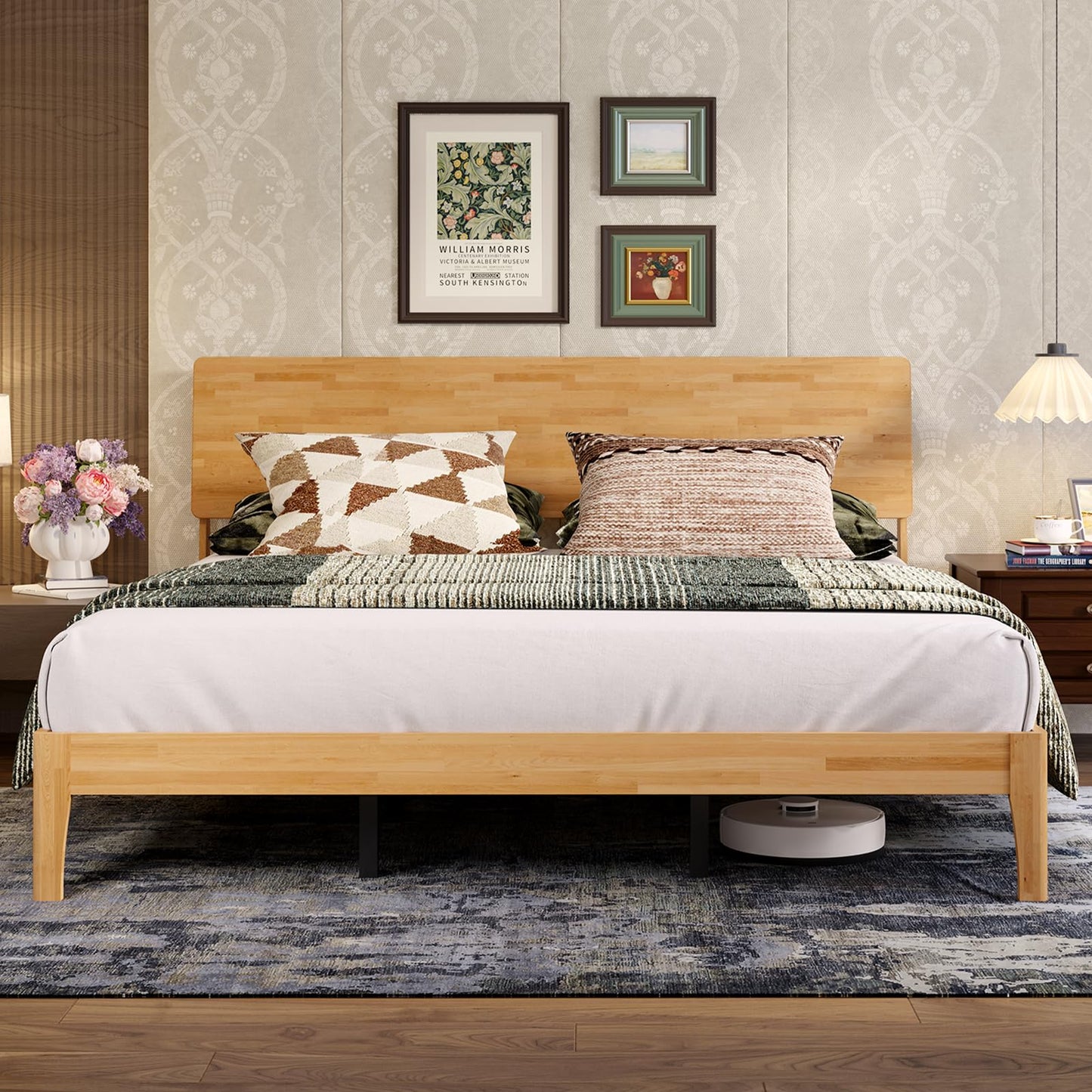 Novilla Full Size Bed Frame with 3-Level Adjustable Storage Headboard, Solid Wood Platform Bed Frame with Slats, No Box Spring Needed, Noise Free, Walnut Finish for Master Bedroom and Guest Room