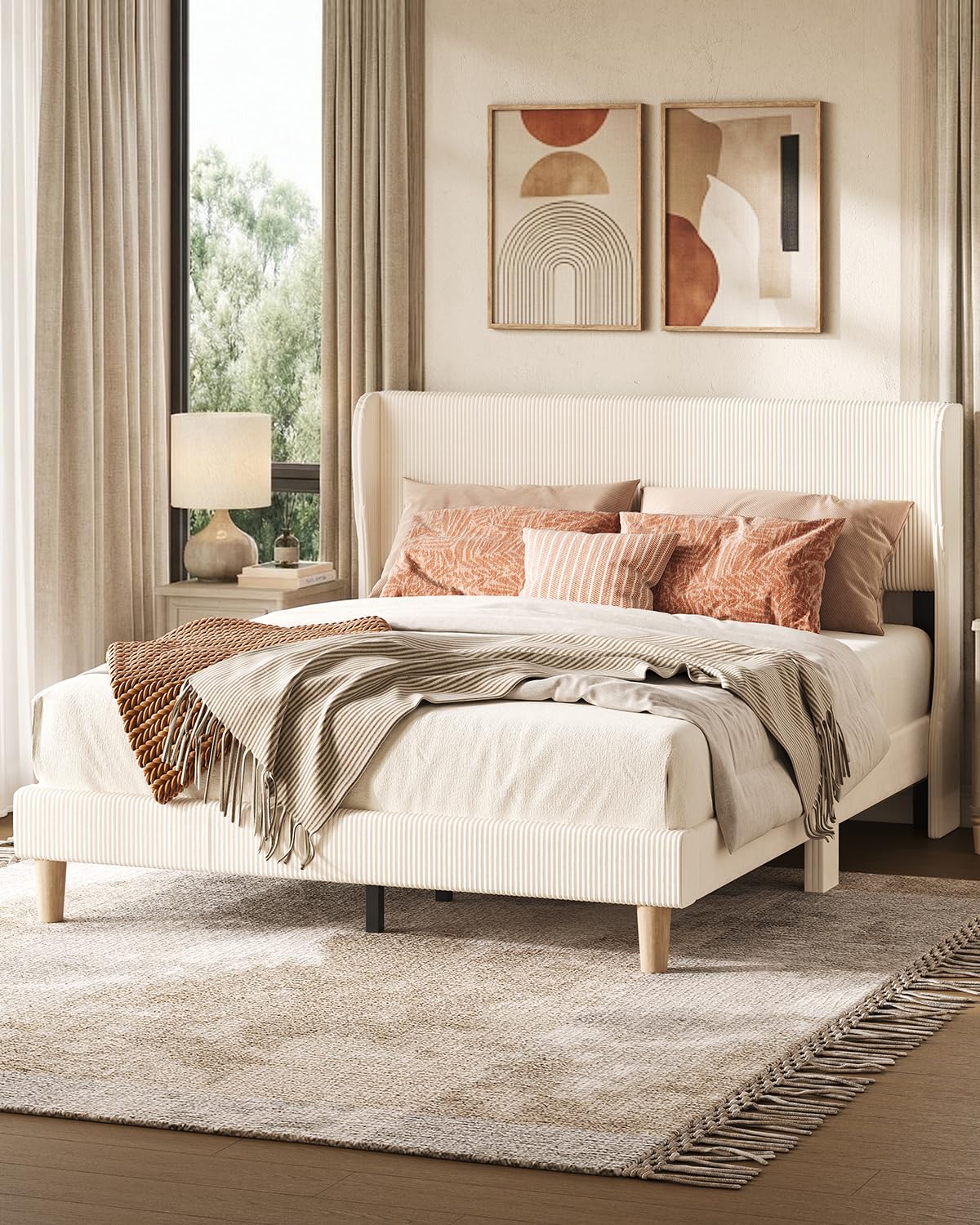 Bestier Queen Bed Frame with Headboard,Platform Queen Size Bed Frame with LED Lighting,Bed Frame Wooden Slats Support,No Box Spring Needed,Never Squeaks, Easy Assembly,Beige