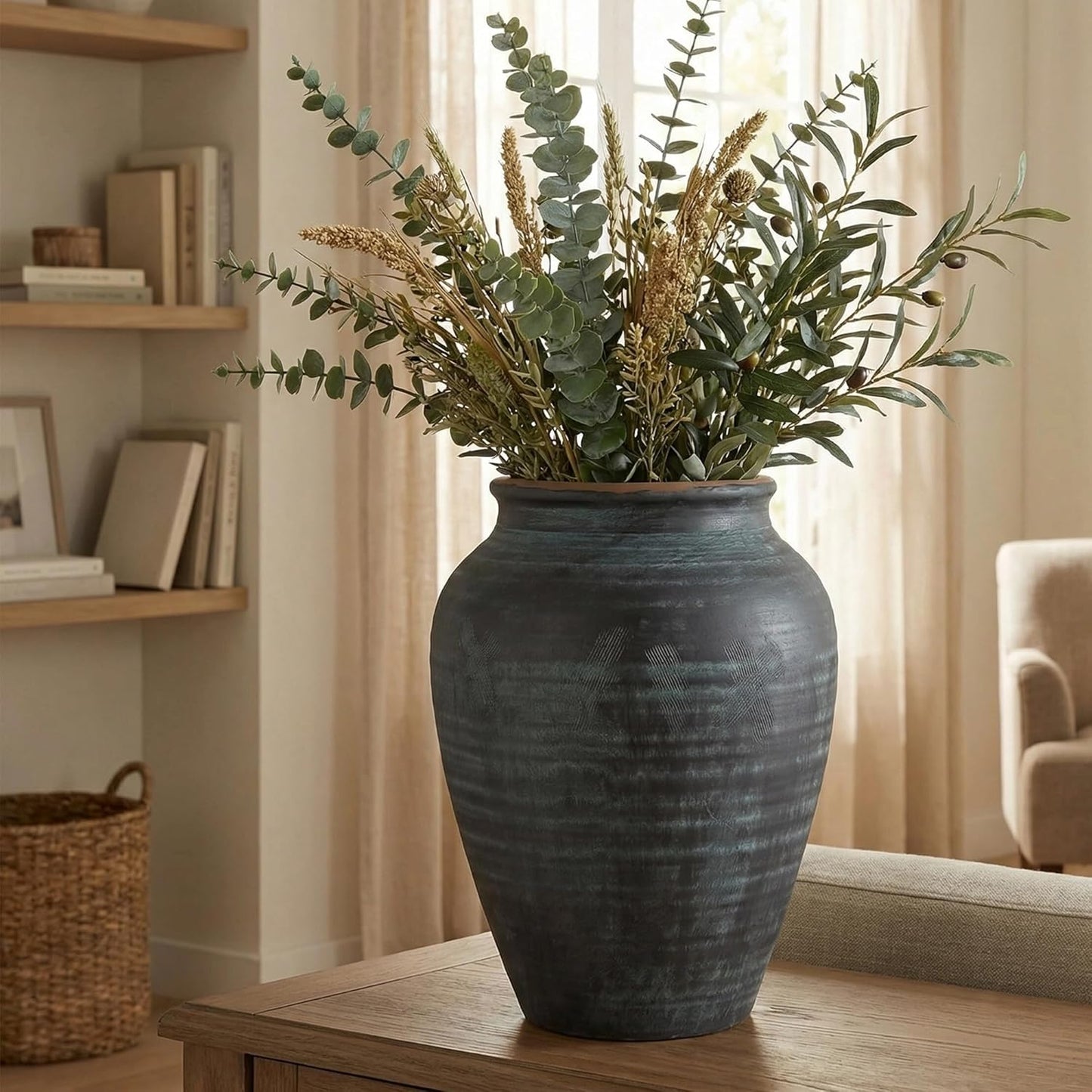 Rustic Ceramic Flower Vase,14.17Inch Indigo Artisan Handcrafted Tall Ceramic Vase Farmhouse Rustic Vase Tall vases for Decor Living Room Home Decor