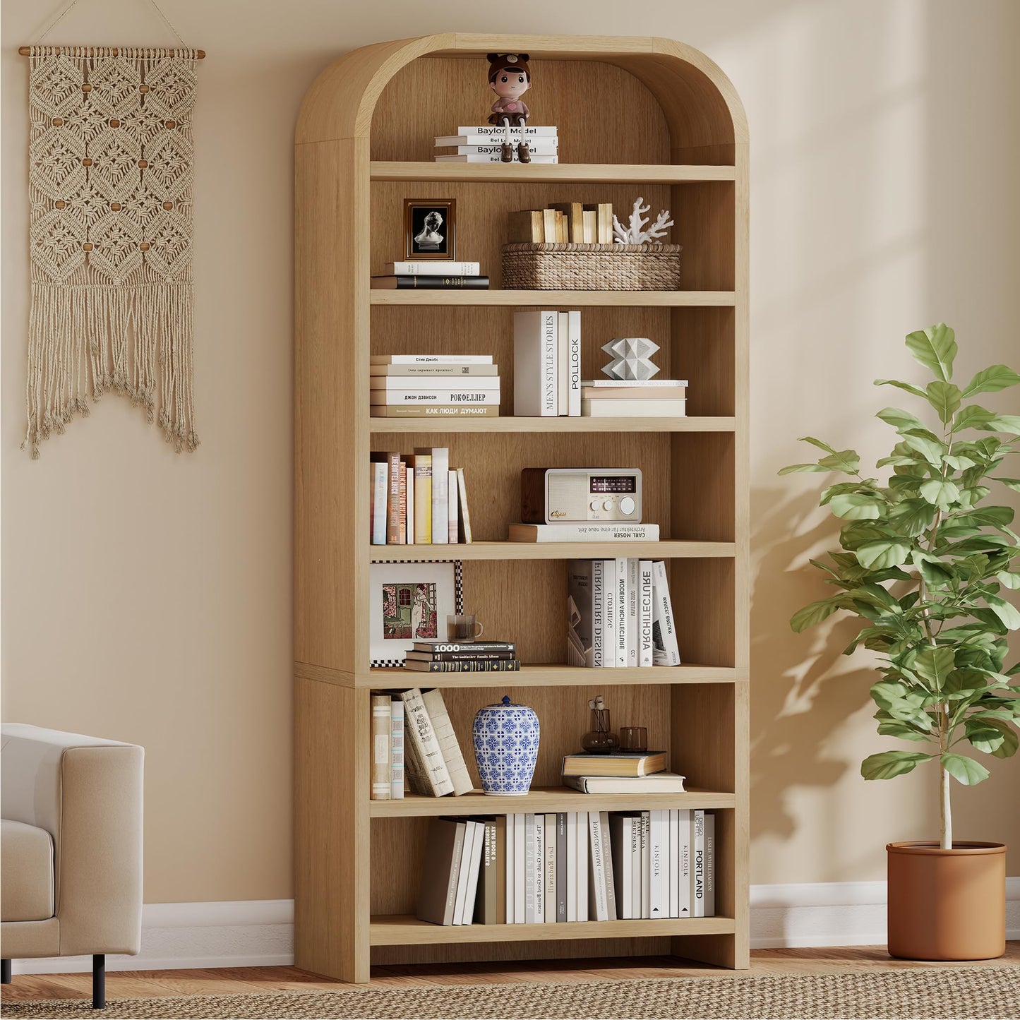 LEVNARY Arched Bookcase with Drawer, 70" Tall 5-Tier Bookshelf with Fluted Carved Drawer, Freestanding Display Storage Cabinet for Living Room Home Office (Walnut)