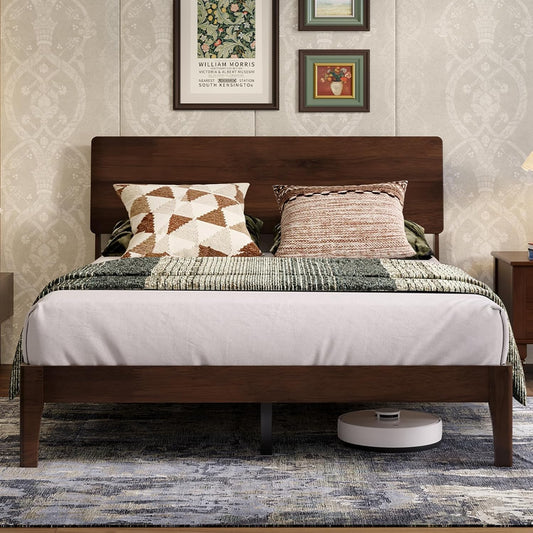 Novilla Full Size Bed Frame with 3-Level Adjustable Storage Headboard, Solid Wood Platform Bed Frame with Slats, No Box Spring Needed, Noise Free, Walnut Finish for Master Bedroom and Guest Room