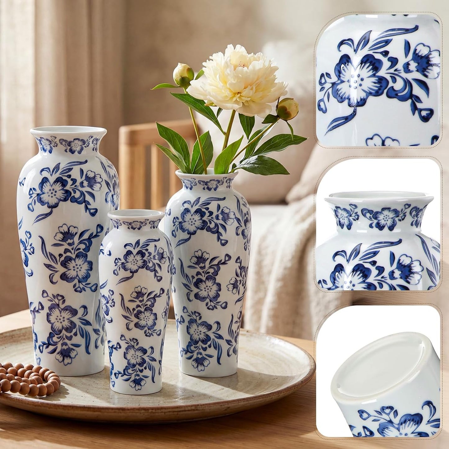 LemonRoad 3 Pack Chinoiserie Vases Porcelain Blue and White Vases for Flowers Pottery Chinoiserie Ceramic Vase for Living Room Mother's Day Decor Table Centerpiece, 6.7", 8.3", 10"(Lotus)