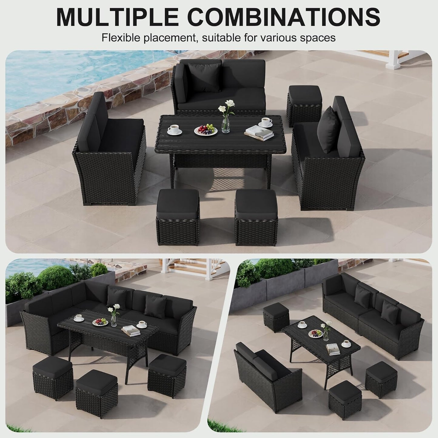LOUVIXA 7 Pieces Patio Furniture Set, Outdoor Patio Furniture, Wicker Conversation Set with Dining Table, Chairs and Ottoman (17 Modern Black)
