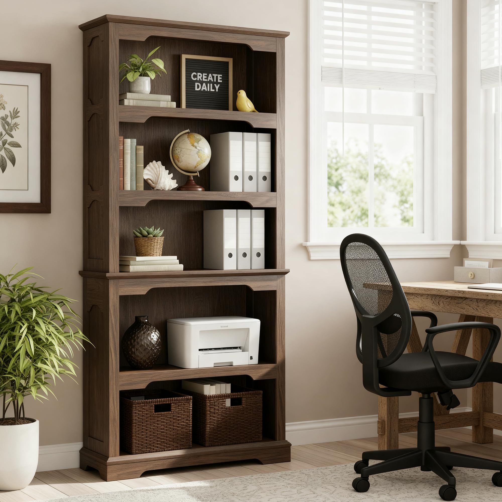 70" Two-Tone 5-Tier Farmhouse Bookshelf with Arched Trim Open Storage Shelves