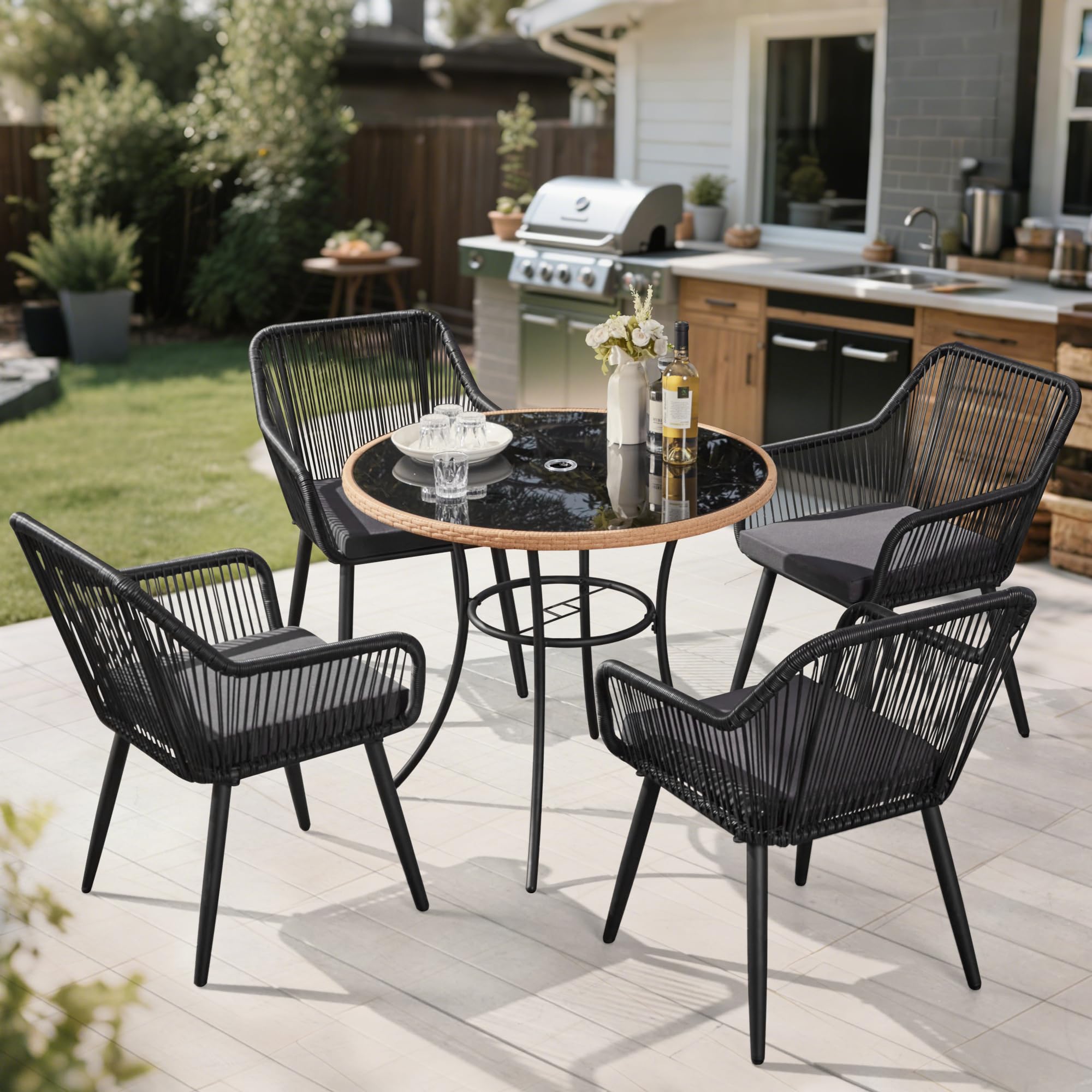 5-Piece Grey Black Wicker Outdoor Dining Set with Glass Table & Waterproof Cushions