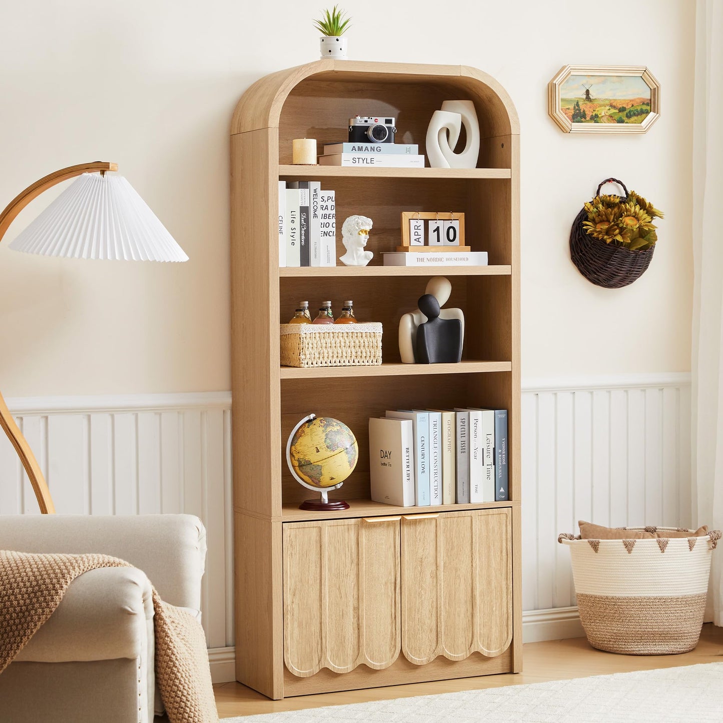 ORRD 70" Tall Arched Bookshelf with Storage Cabinet, Modern 4-Tier Wood Bookcase with Scalloped Doors & Gold Handles, Open Display Shelves for Living Room, Bedroom, or Home Study Office (Walnut)