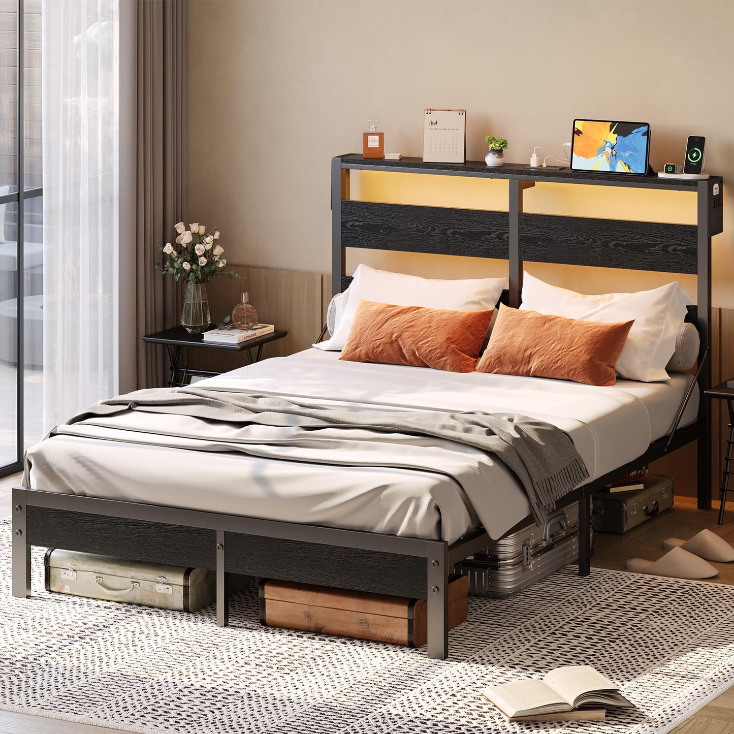 Bestier Queen Bed Frame with Headboard,Platform Queen Size Bed Frame with LED Lighting,Bed Frame Wooden Slats Support,No Box Spring Needed,Never Squeaks, Easy Assembly,Beige