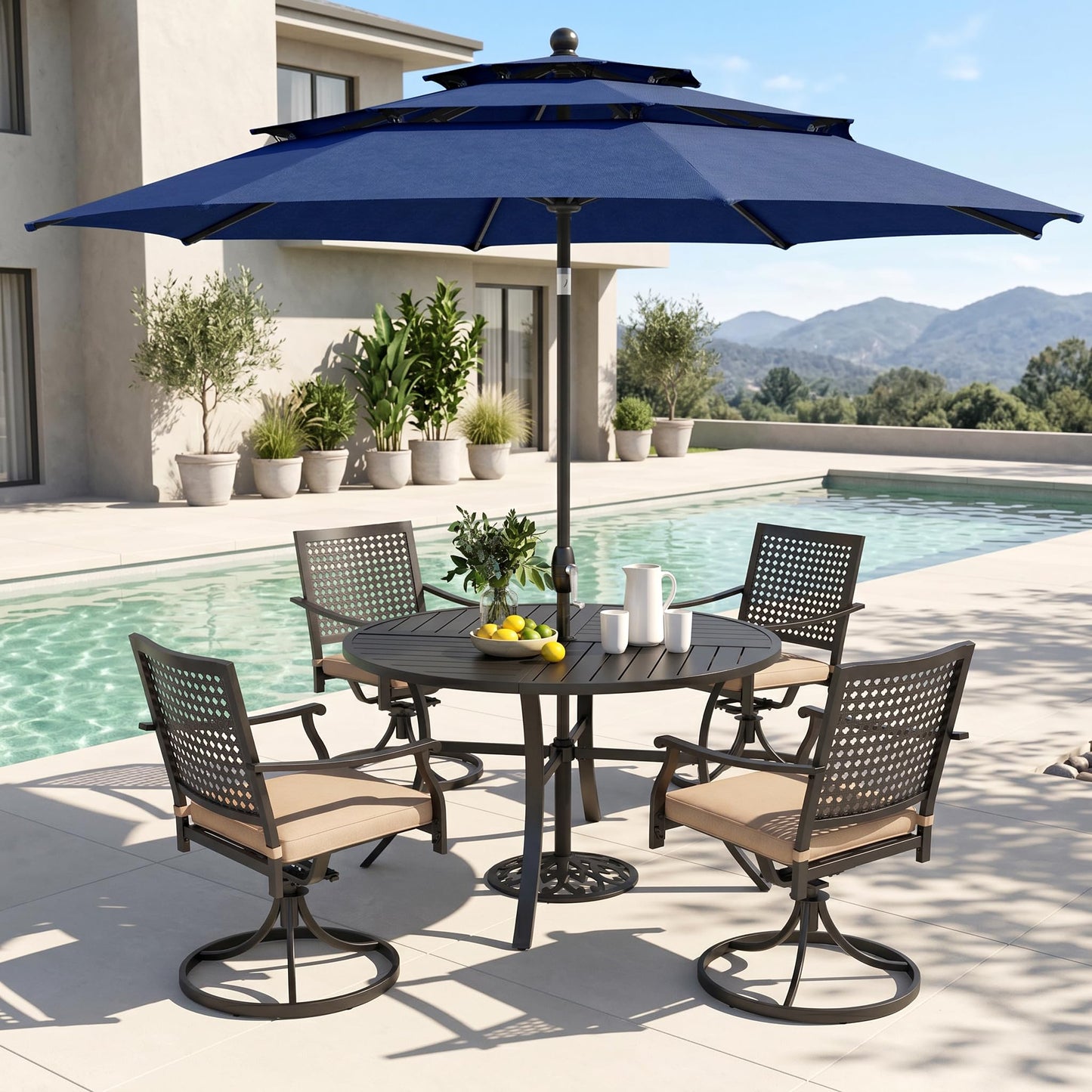 PHI VILLA 5 Pieces Outdoor Dining Set for 4 with Umbrella, 42" Large Round Metal Steel Table & Stackable Iron Chairs with Cushions & 10ft Beige Umbrella, Modern Furniture for Patio, Deck, Yard, Porch